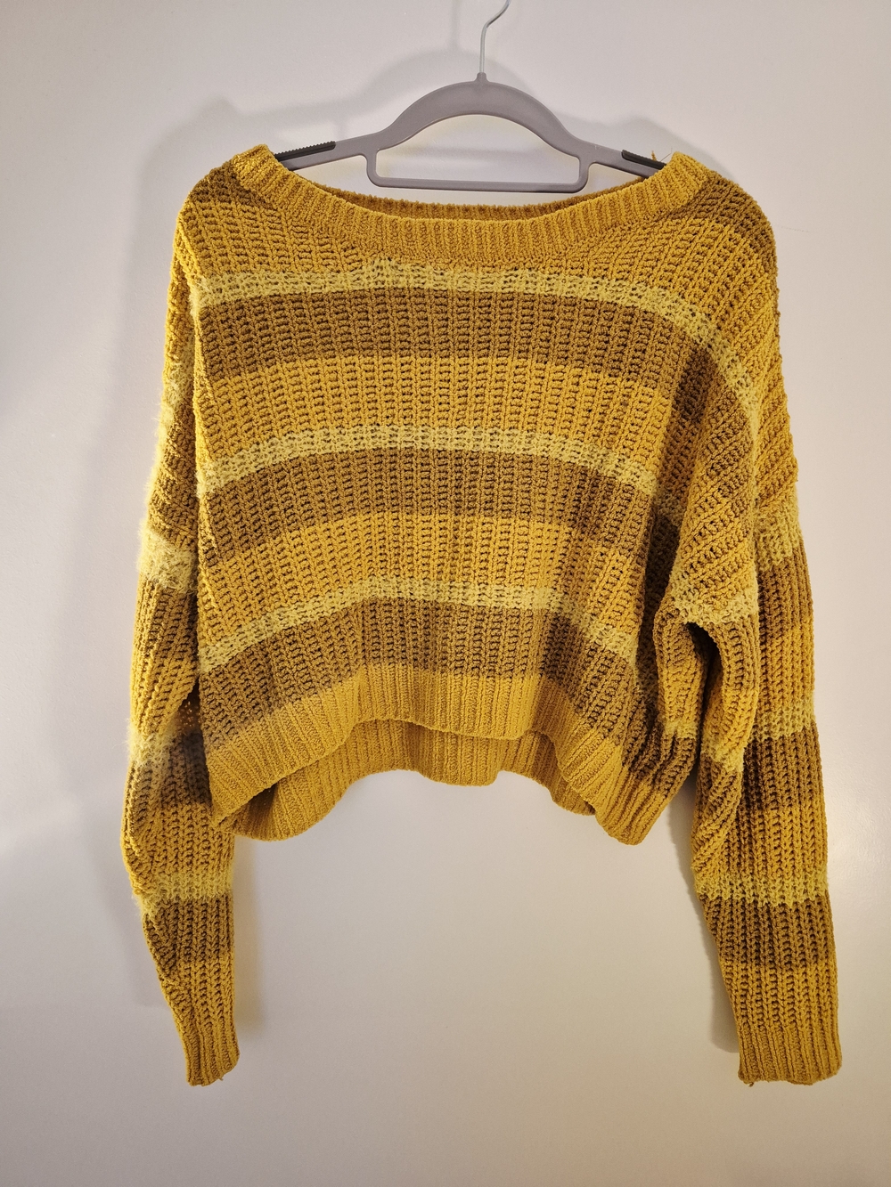 Wild Fable Yellow and Brown Striped Off-the-Shoulder Cropped Sweater